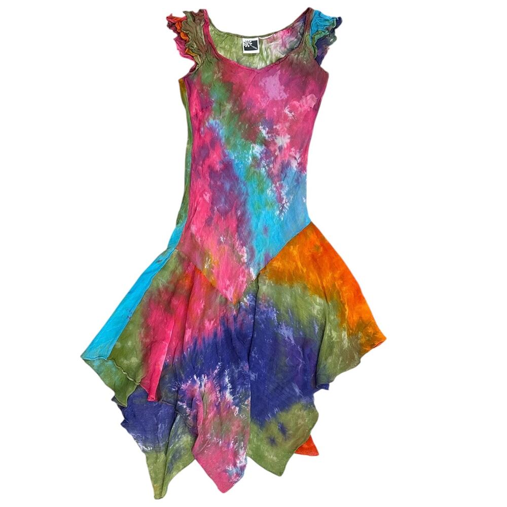 90s Phool Tie-dye Asymmetrical Ruffle Midi Dress